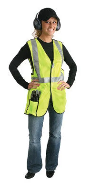Radnor Large Yellow Lightweight Polyester Class 2 Break-Away Vest With Front Hook And Loop Closure, 2" 3M Scotchlite Reflective Tape Striping And 2 Pockets