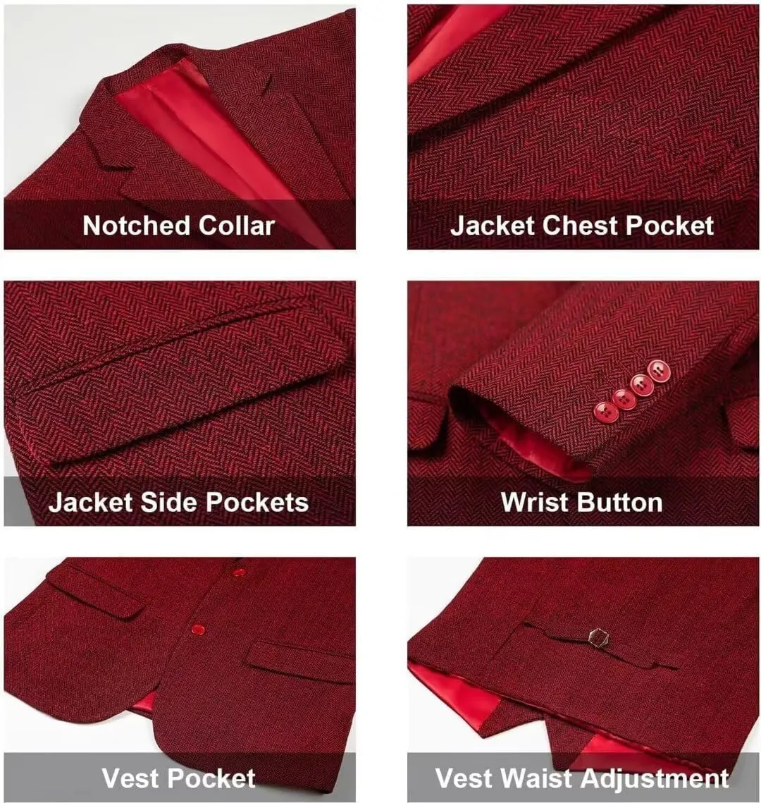 Retro 3 Piece Herringbone Tweed Suit Men's Wool Tuxedos Set Prom Brown Jacket Blazer Vest Pants Themed Wedding