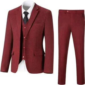Retro 3 Piece Herringbone Tweed Suit Men's Wool Tuxedos Set Prom Brown Jacket Blazer Vest Pants Themed Wedding