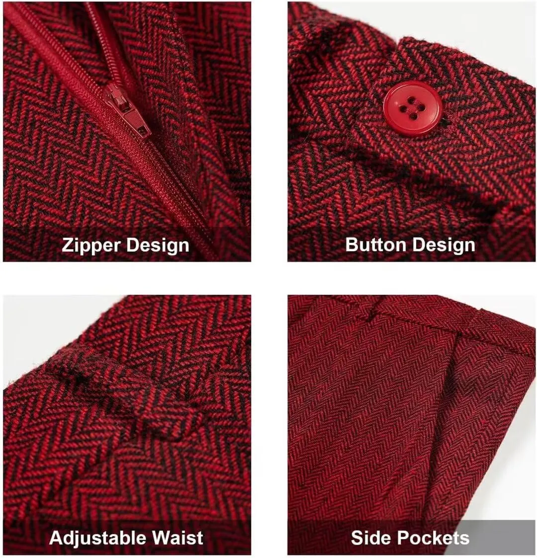 Retro 3 Piece Herringbone Tweed Suit Men's Wool Tuxedos Set Prom Brown Jacket Blazer Vest Pants Themed Wedding
