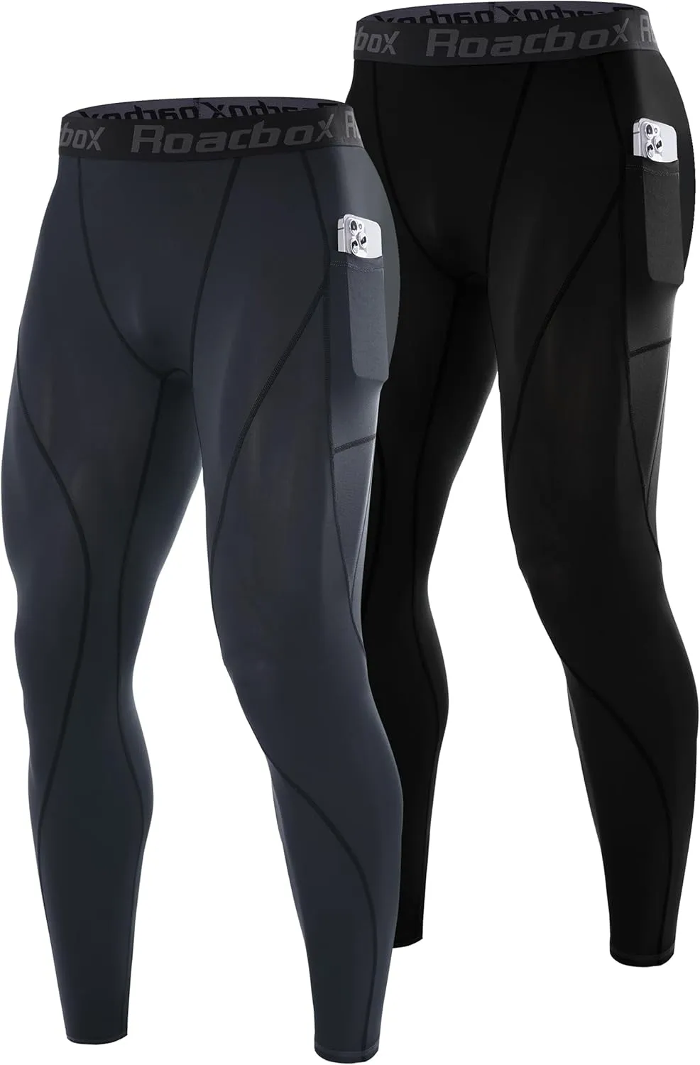 Roadbox 1 or 2 Pack Compression Pants Men, Running Workout Leggings with Pockets, Gym Basketball Athletic Tights Base Layer