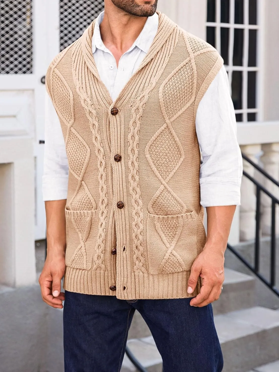 Runcati Mens Cable Knit Sweater Vest Shawl Collar Casual Slim Fit Sleeveless Button Down Cardigan Vest with Pockets