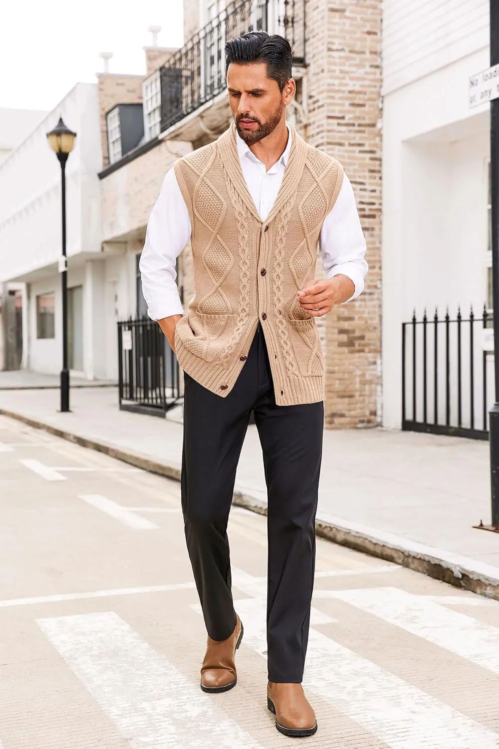 Runcati Mens Cable Knit Sweater Vest Shawl Collar Casual Slim Fit Sleeveless Button Down Cardigan Vest with Pockets