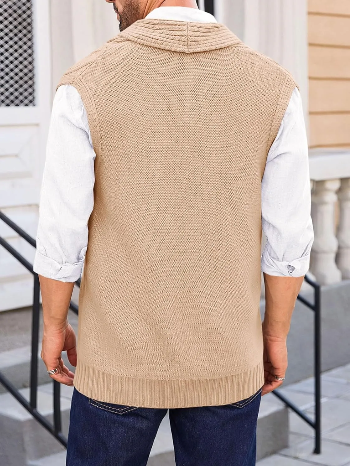 Runcati Mens Cable Knit Sweater Vest Shawl Collar Casual Slim Fit Sleeveless Button Down Cardigan Vest with Pockets