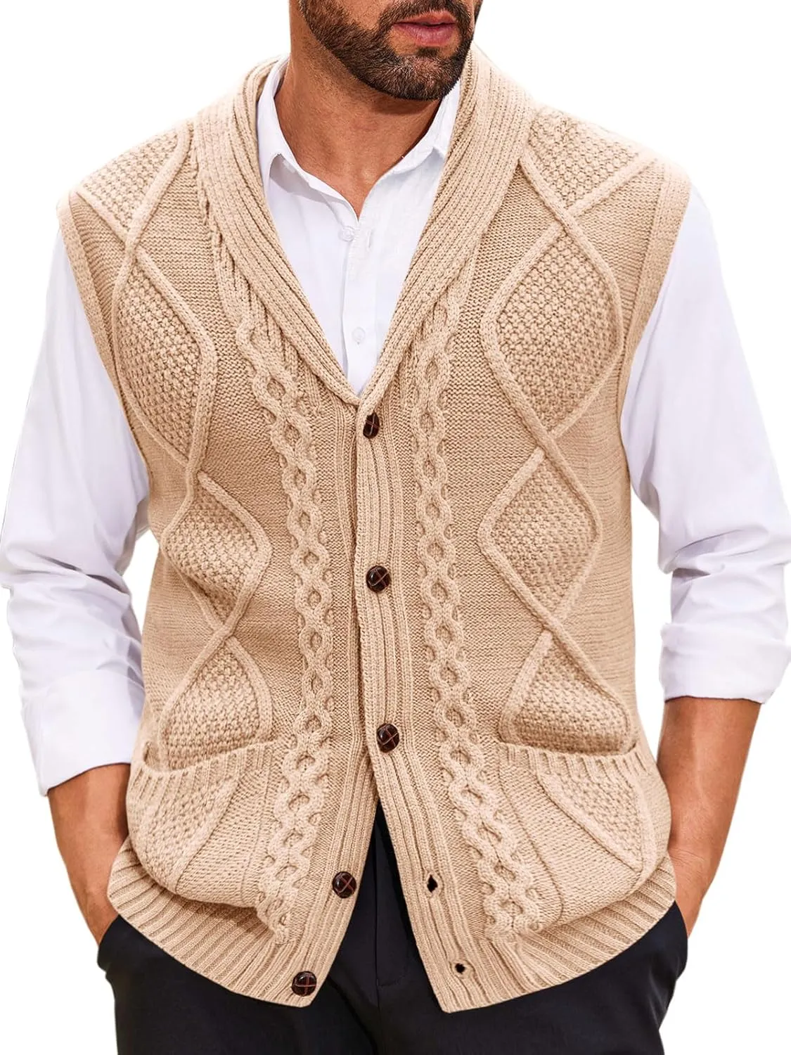 Runcati Mens Cable Knit Sweater Vest Shawl Collar Casual Slim Fit Sleeveless Button Down Cardigan Vest with Pockets