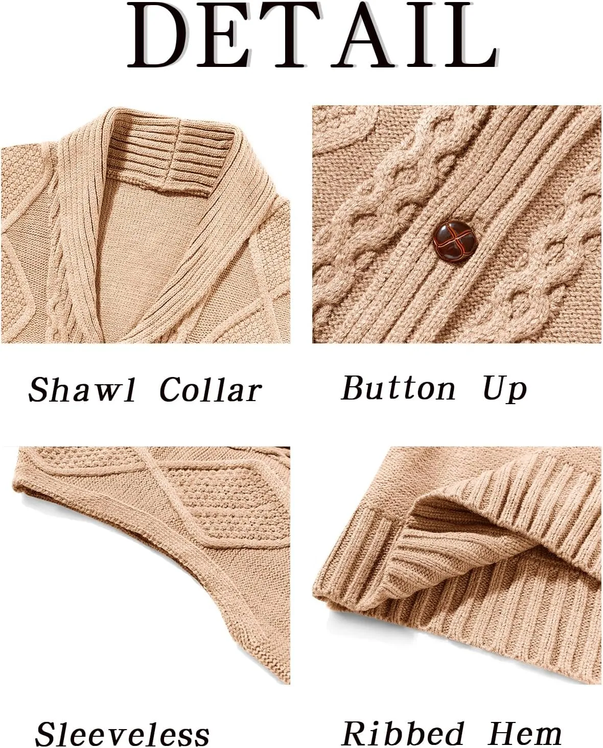 Runcati Mens Cable Knit Sweater Vest Shawl Collar Casual Slim Fit Sleeveless Button Down Cardigan Vest with Pockets