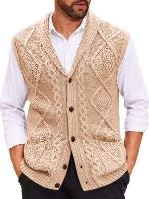 Runcati Mens Cable Knit Sweater Vest Shawl Collar Casual Slim Fit Sleeveless Button Down Cardigan Vest with Pockets