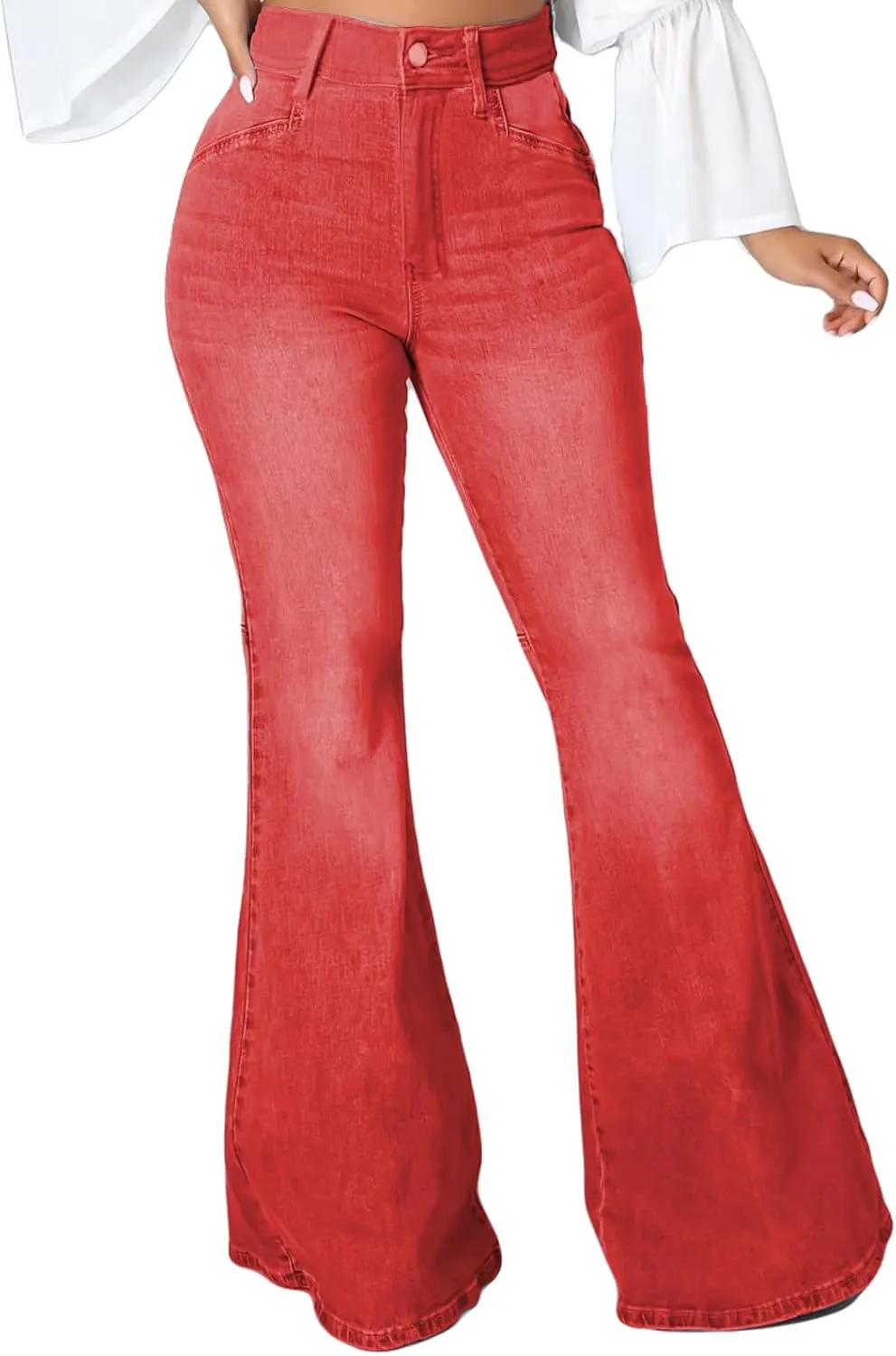 SeNight Women Bell Bottom Jeans Elastic Waist Ripped Flared Jean Destroyed Raw Hem Denim Pants
