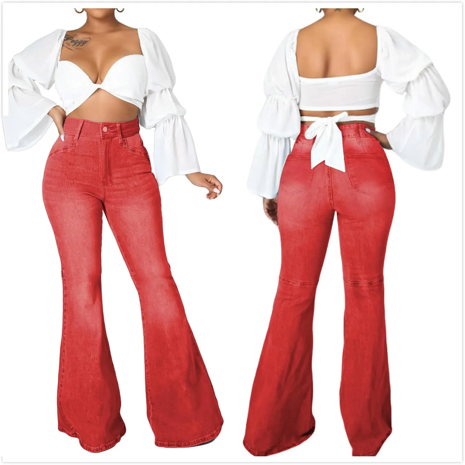 SeNight Women Bell Bottom Jeans Elastic Waist Ripped Flared Jean Destroyed Raw Hem Denim Pants
