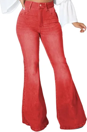SeNight Women Bell Bottom Jeans Elastic Waist Ripped Flared Jean Destroyed Raw Hem Denim Pants