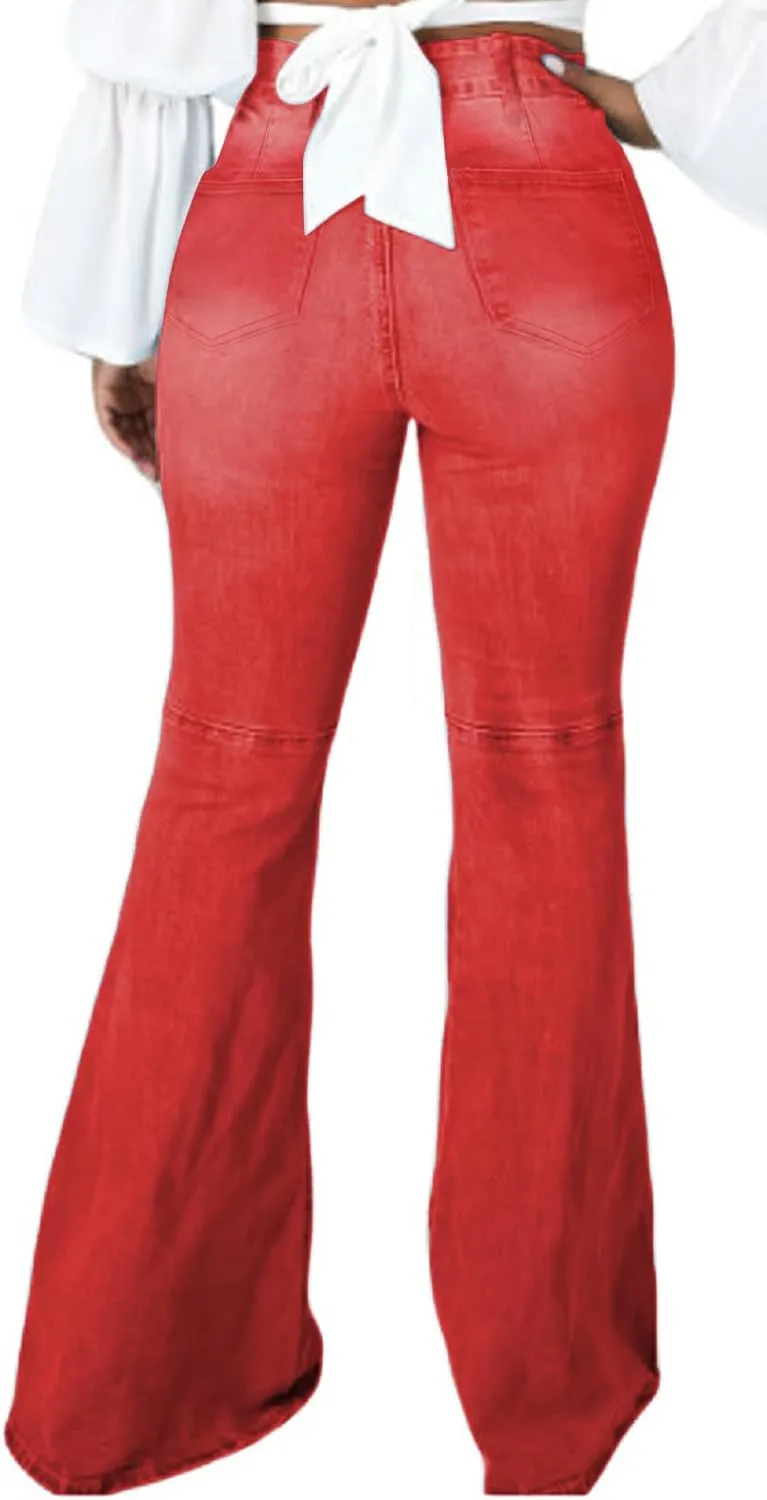 SeNight Women Bell Bottom Jeans Elastic Waist Ripped Flared Jean Destroyed Raw Hem Denim Pants