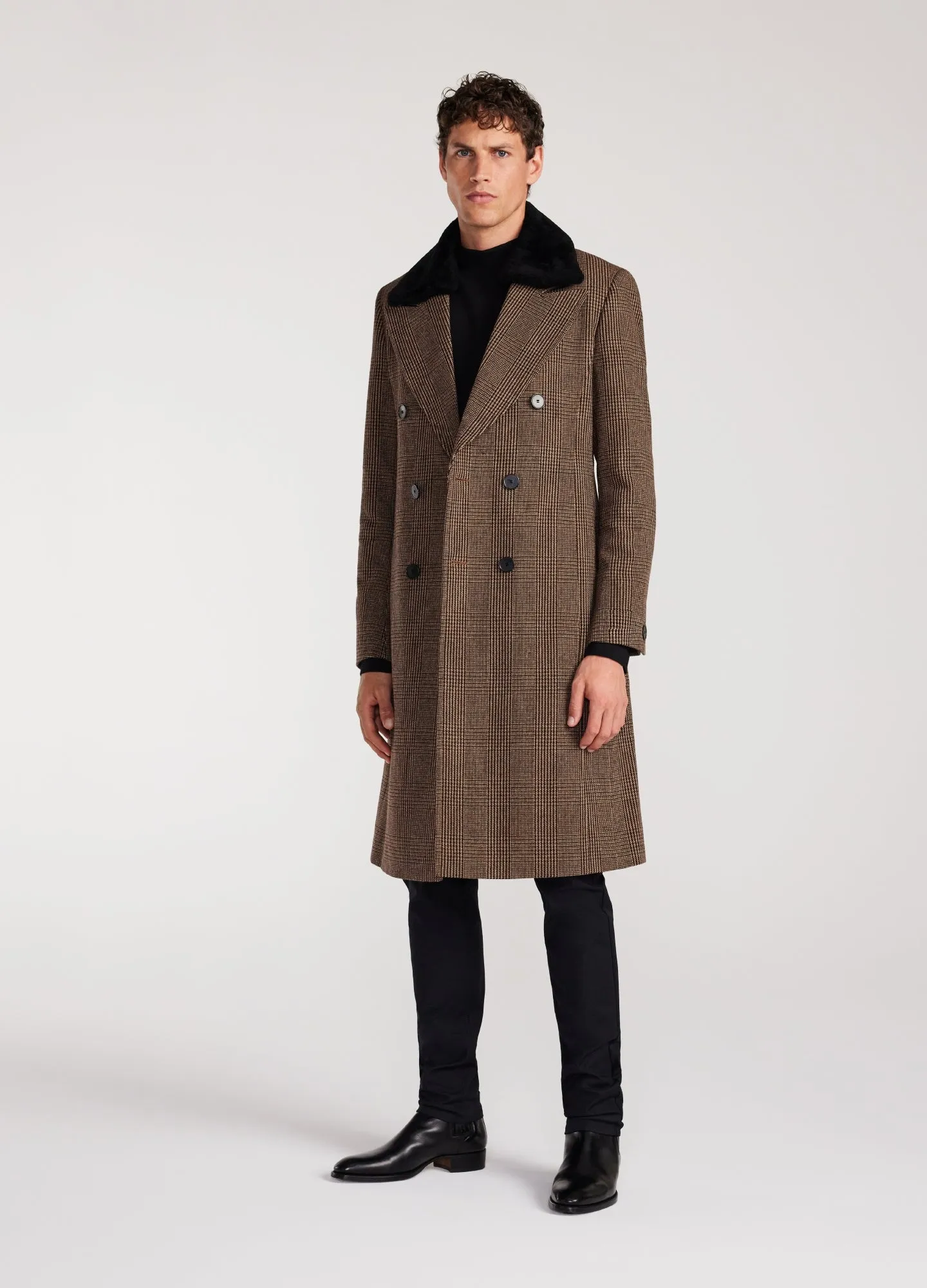 Shearling Collar Check Coat Caramel