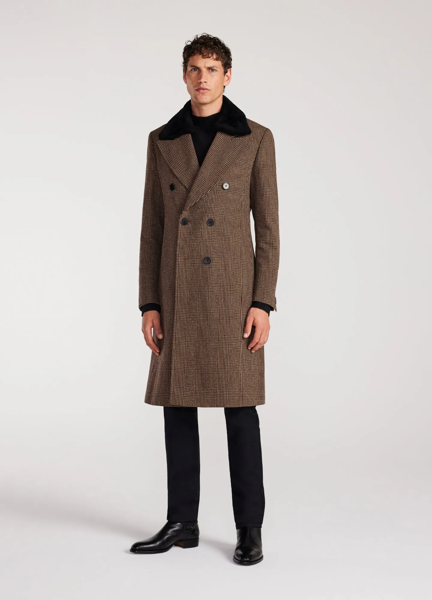Shearling Collar Check Coat Caramel