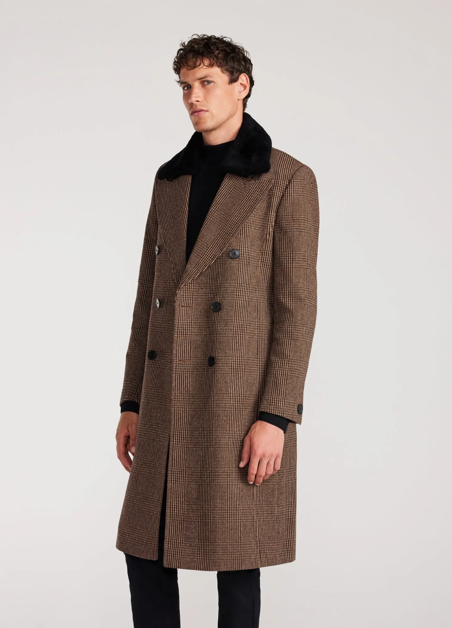 Shearling Collar Check Coat Caramel