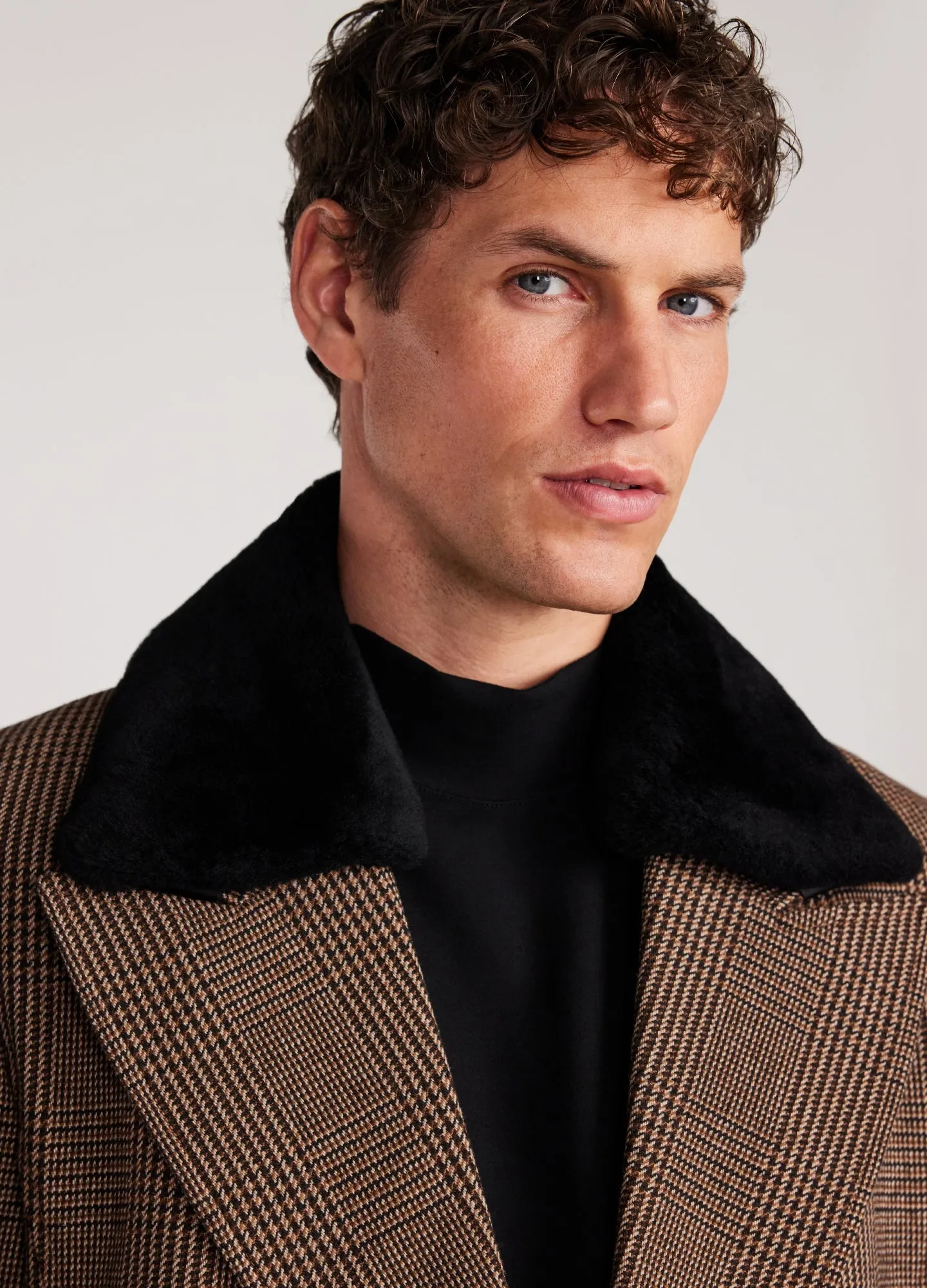 Shearling Collar Check Coat Caramel