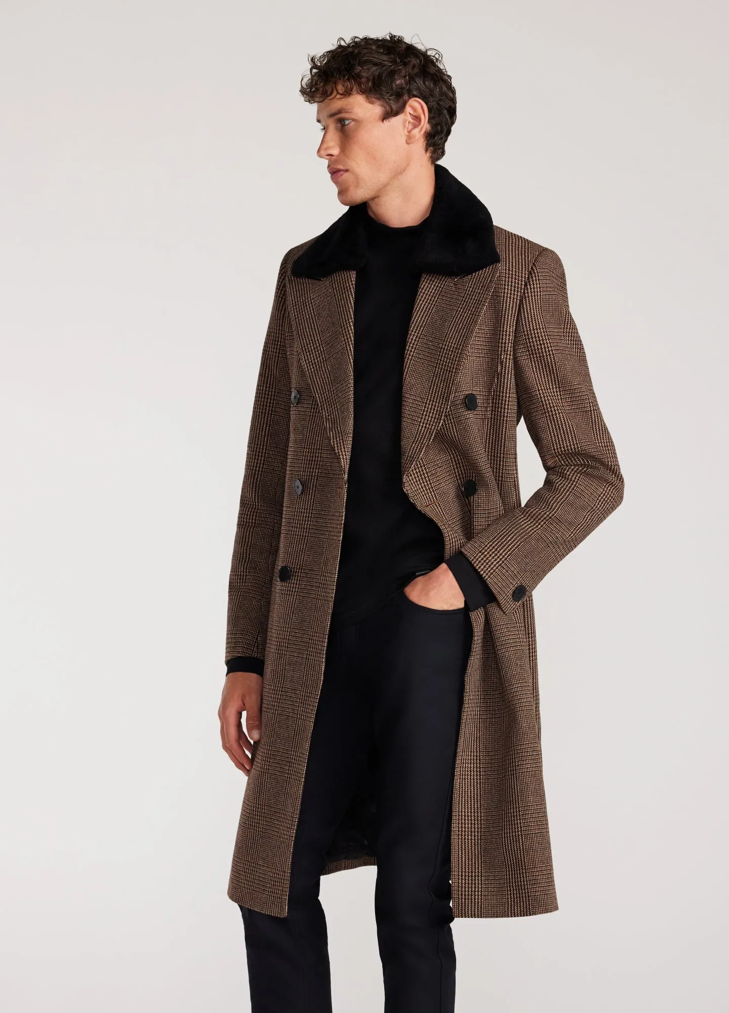 Shearling Collar Check Coat Caramel