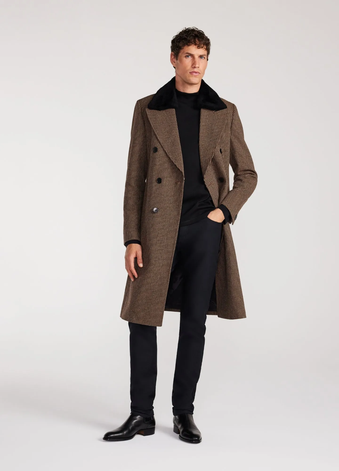 Shearling Collar Check Coat Caramel