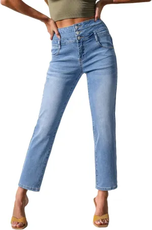 Sidefeel Women's High Waisted Tummy Control Jeans Strechy Trendy Button Up Ankle Zimbaplatinum Denim Pants