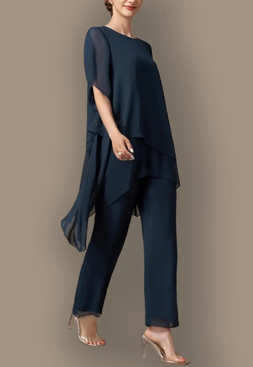 SIPUHK 2 PCs Mother of The Bride Pantsuits for Wedding Tiered Chiffon Outfit Short Sleeve Formal Pant Suits for Women Dressy
