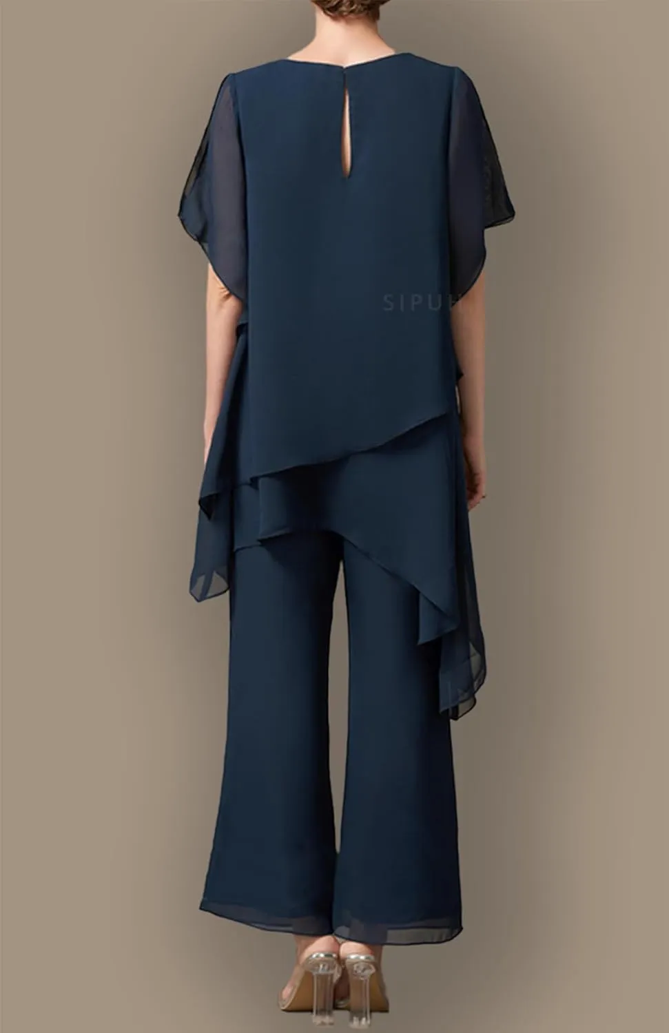 SIPUHK 2 PCs Mother of The Bride Pantsuits for Wedding Tiered Chiffon Outfit Short Sleeve Formal Pant Suits for Women Dressy