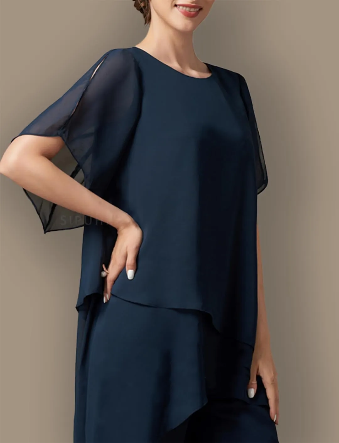 SIPUHK 2 PCs Mother of The Bride Pantsuits for Wedding Tiered Chiffon Outfit Short Sleeve Formal Pant Suits for Women Dressy