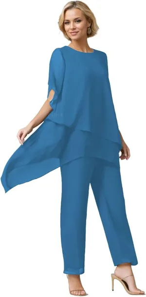 SIPUHK 2 PCs Mother of The Bride Pantsuits for Wedding Tiered Chiffon Outfit Short Sleeve Formal Pant Suits for Women Dressy