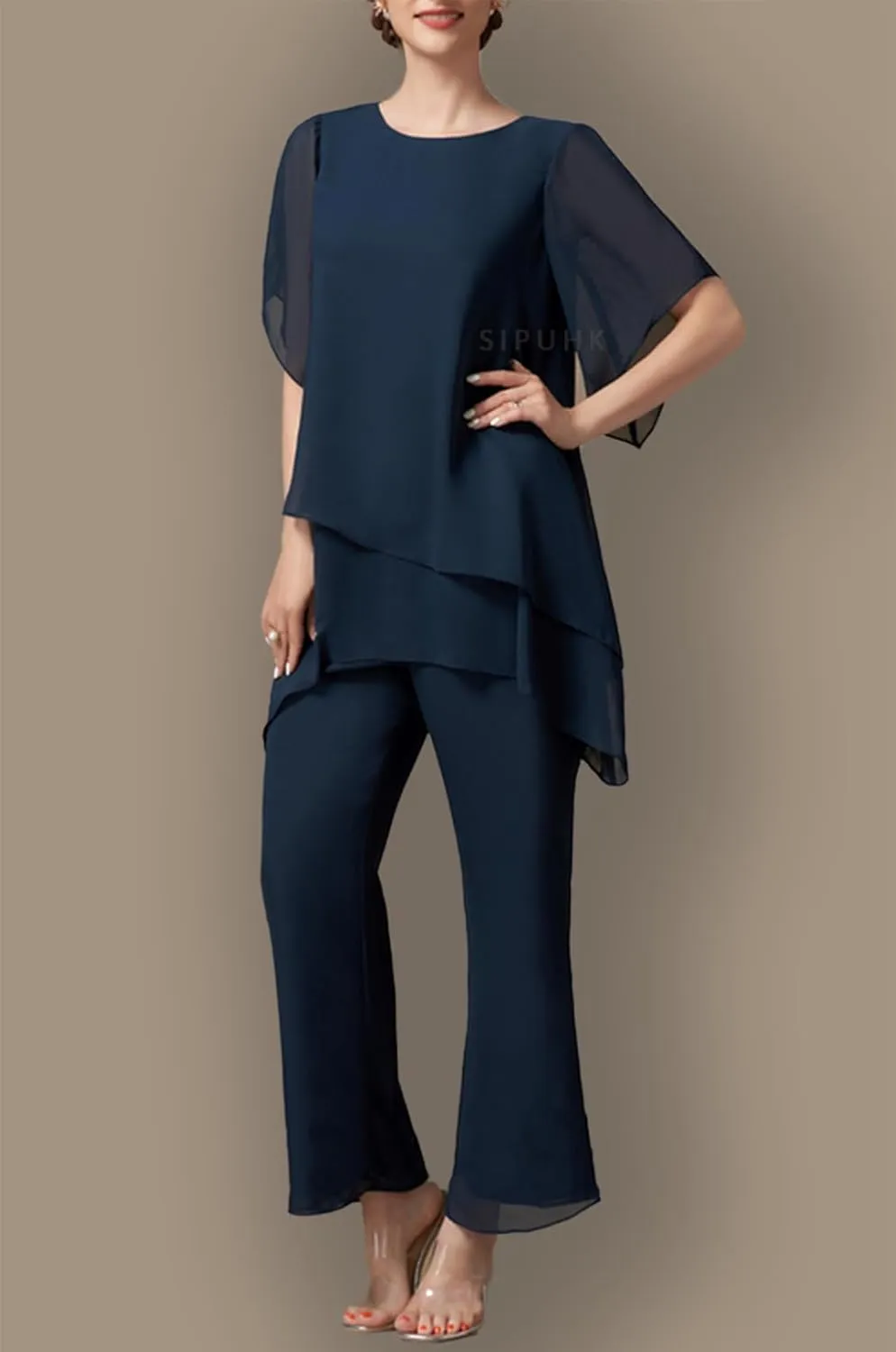SIPUHK 2 PCs Mother of The Bride Pantsuits for Wedding Tiered Chiffon Outfit Short Sleeve Formal Pant Suits for Women Dressy