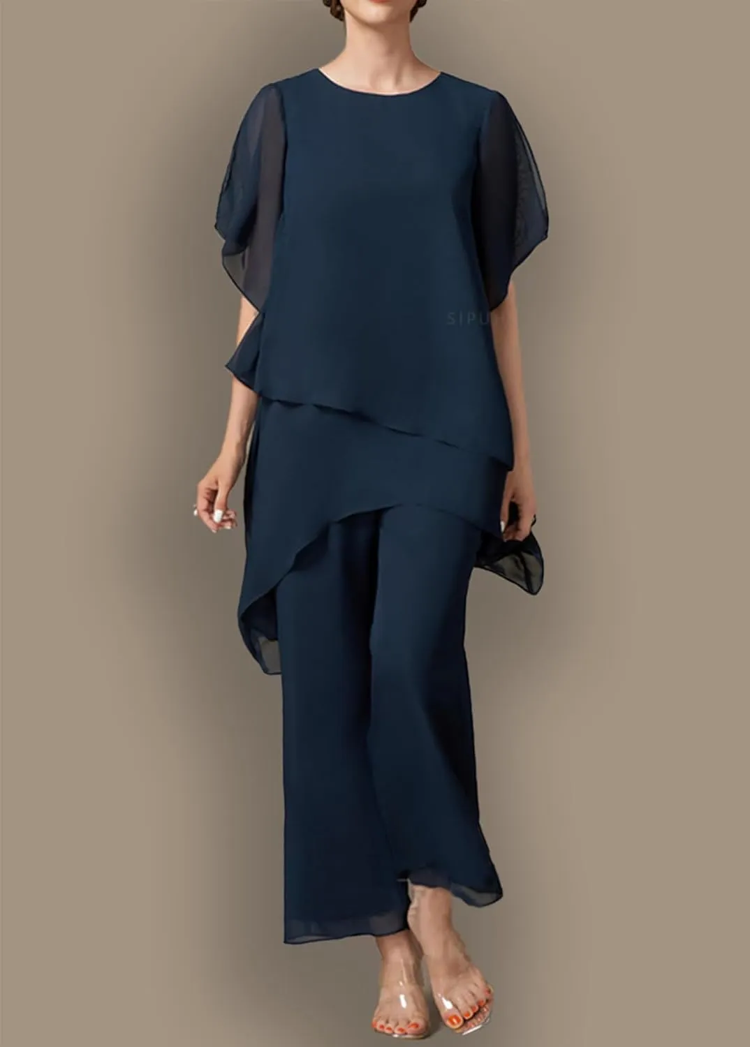SIPUHK 2 PCs Mother of The Bride Pantsuits for Wedding Tiered Chiffon Outfit Short Sleeve Formal Pant Suits for Women Dressy