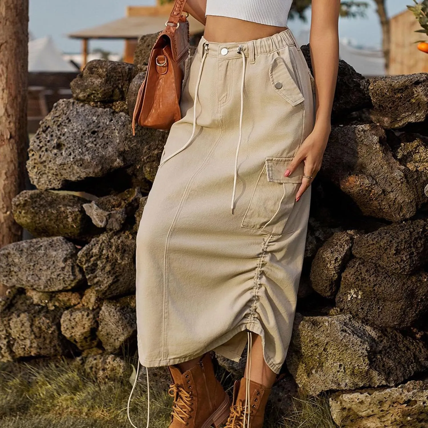 Skirts for Women Fall Winter Warm Straight Skirt High Waist Hip-Wrapped Skirt Casual Jean Cargo Skirts with Pocket