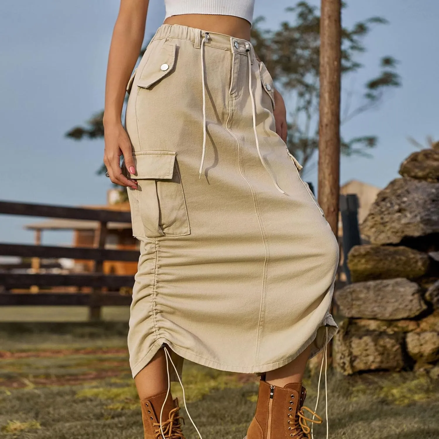 Skirts for Women Fall Winter Warm Straight Skirt High Waist Hip-Wrapped Skirt Casual Jean Cargo Skirts with Pocket