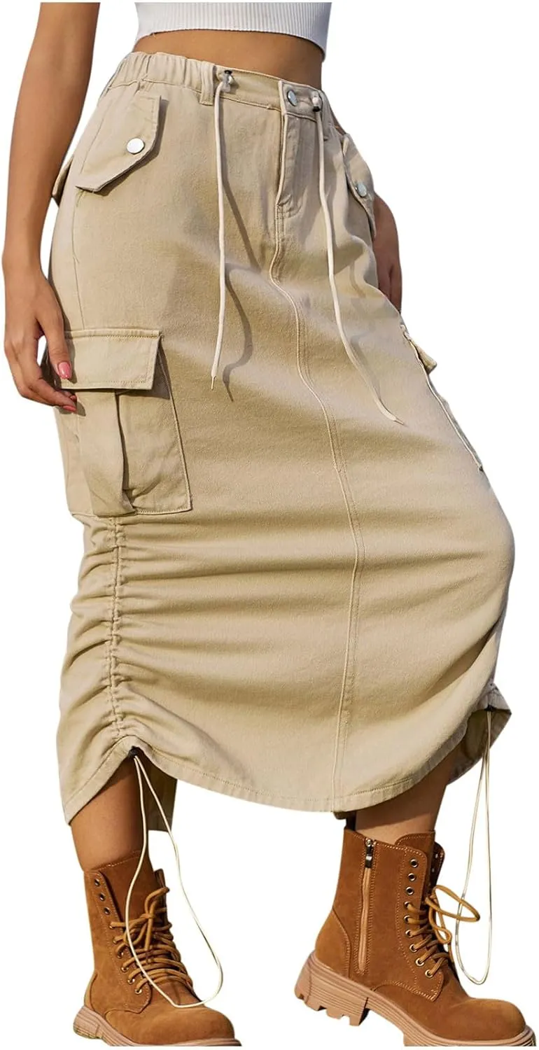 Skirts for Women Fall Winter Warm Straight Skirt High Waist Hip-Wrapped Skirt Casual Jean Cargo Skirts with Pocket