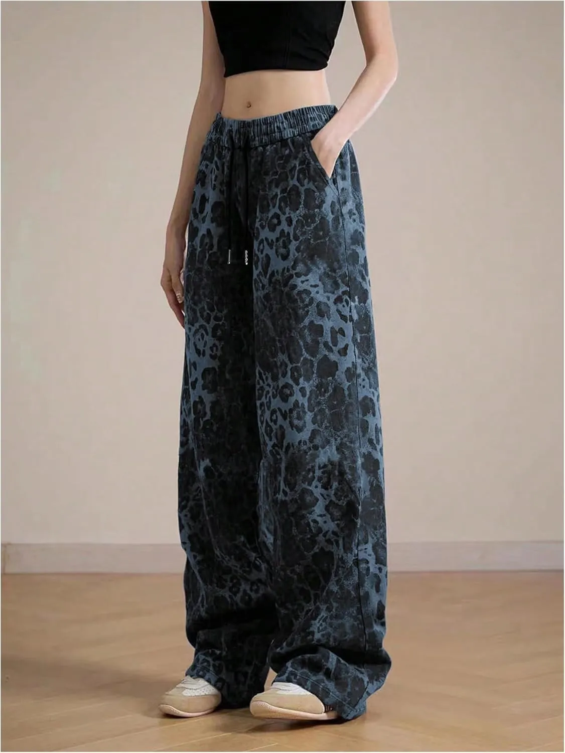 SOLY HUX Women's Plus Size Leopard Print Sweatpants Drawstring Waist Wide Leg Y2k Pants with Pockets