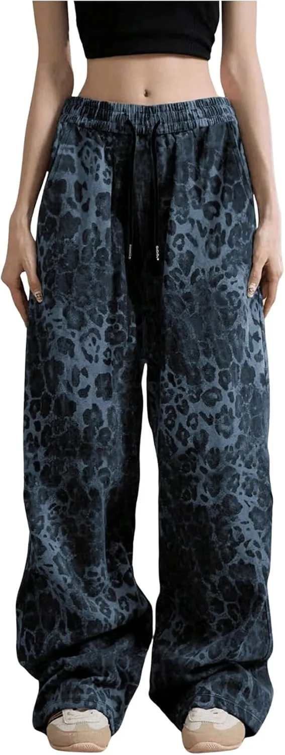 SOLY HUX Women's Plus Size Leopard Print Sweatpants Drawstring Waist Wide Leg Y2k Pants with Pockets