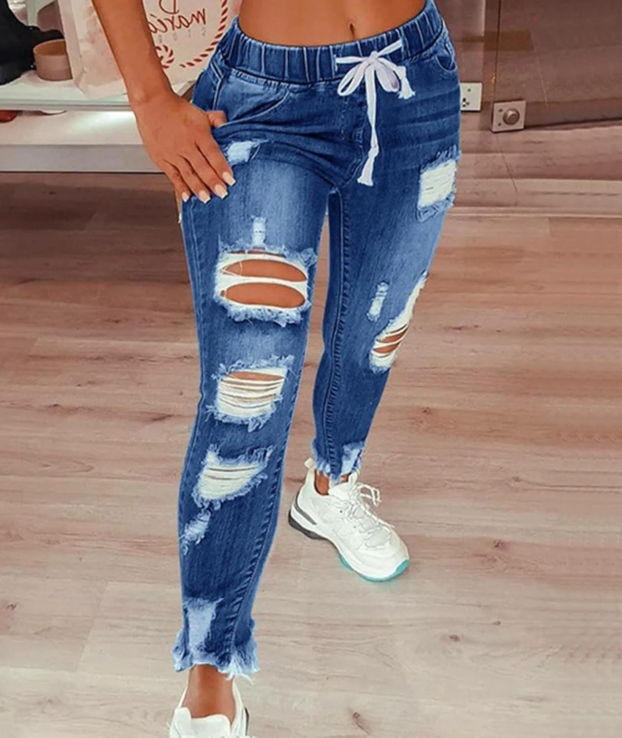 SOMTHRON Women's High Rise Distressed Slim Punk Denim Jeans High Waist Skinny Destroyed Ripped Pencil Jeans Pants