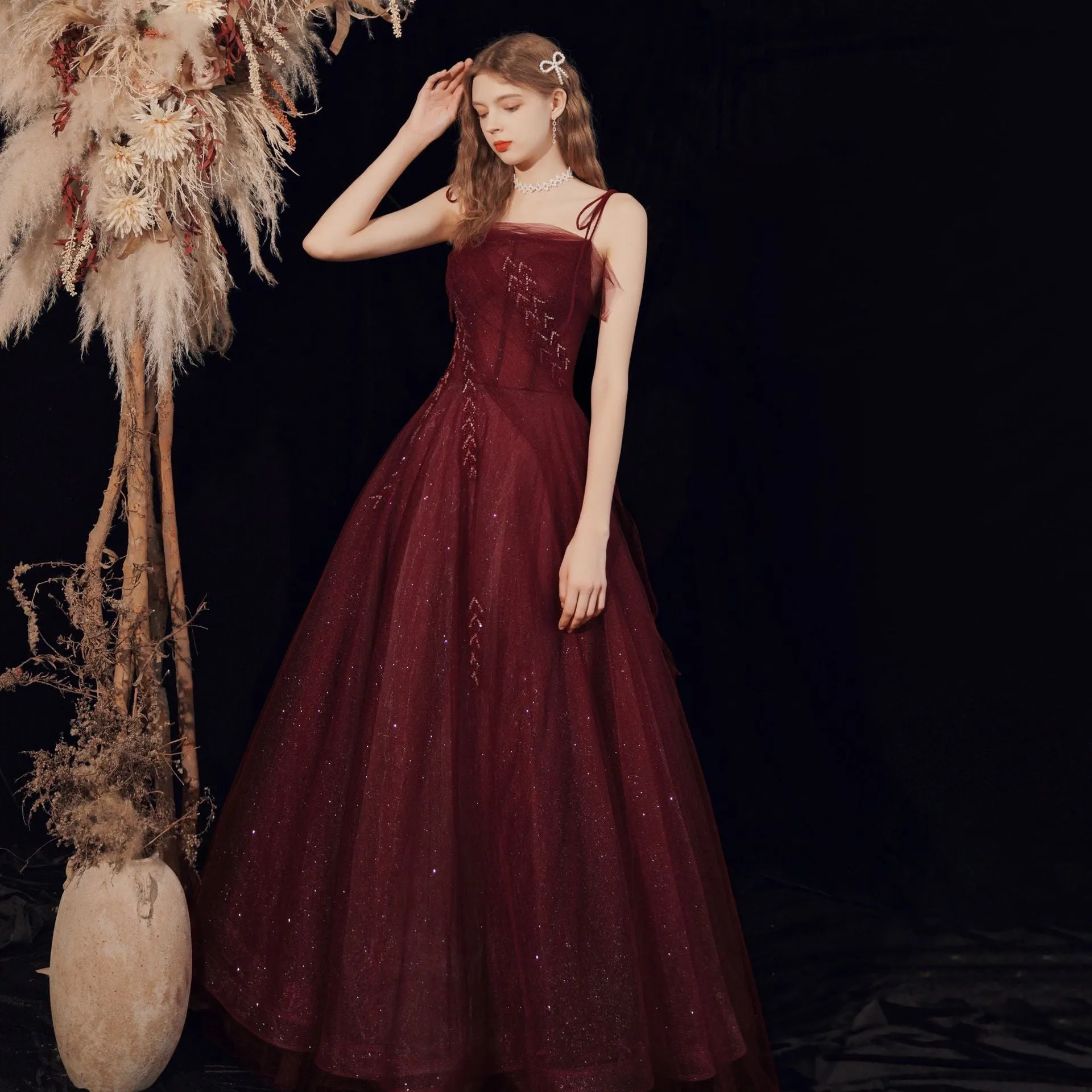 Spaghetti Strap A Line Wine Red Prom Dress Shiny Formal Evening Gown 586