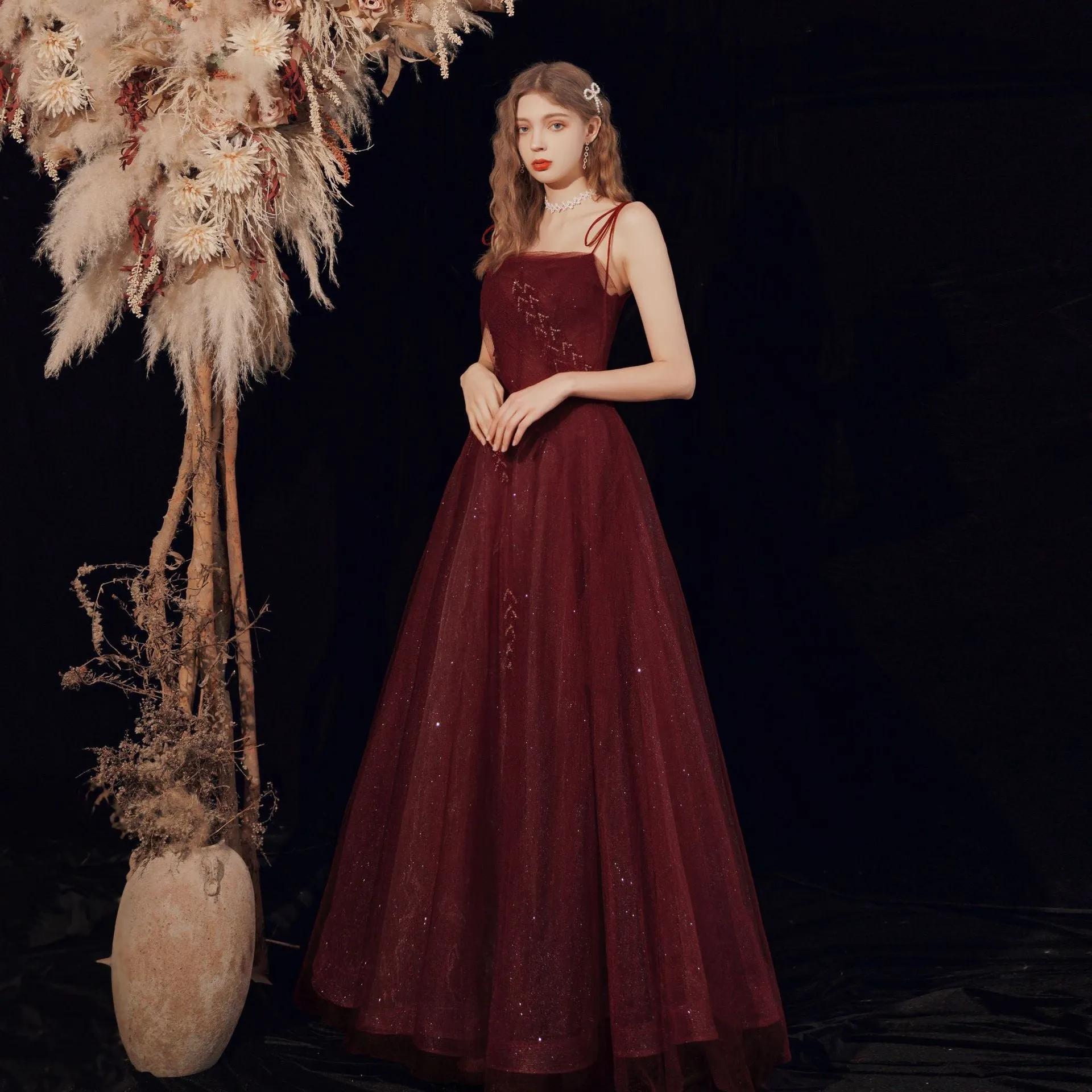 Spaghetti Strap A Line Wine Red Prom Dress Shiny Formal Evening Gown 586
