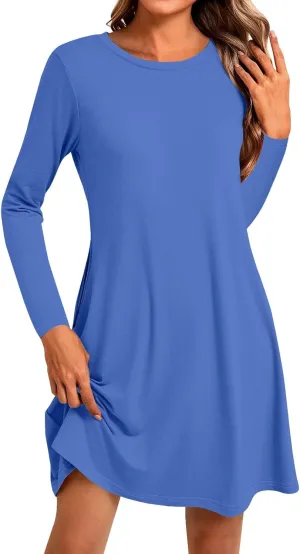 Spring Dresses for Women 2025 Long Sleeve Round Neck Knee Length Tunic Dress Solid Side Pocket Vacation Dresses