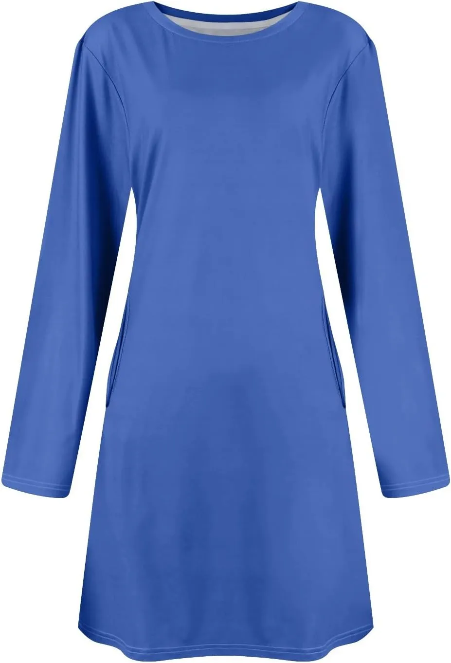 Spring Dresses for Women 2025 Long Sleeve Round Neck Knee Length Tunic Dress Solid Side Pocket Vacation Dresses