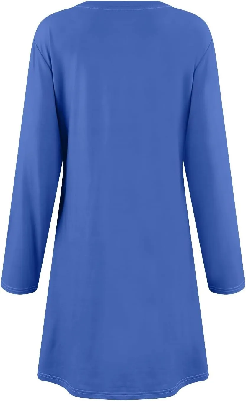 Spring Dresses for Women 2025 Long Sleeve Round Neck Knee Length Tunic Dress Solid Side Pocket Vacation Dresses