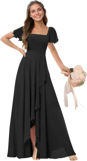 Square Neck Bridesmaid Dresses for Women Chiffon Flutter Sleeves Evening Formal Dress with Slit