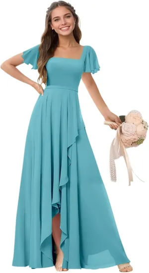 Square Neck Bridesmaid Dresses for Women Chiffon Flutter Sleeves Evening Formal Dress with Slit