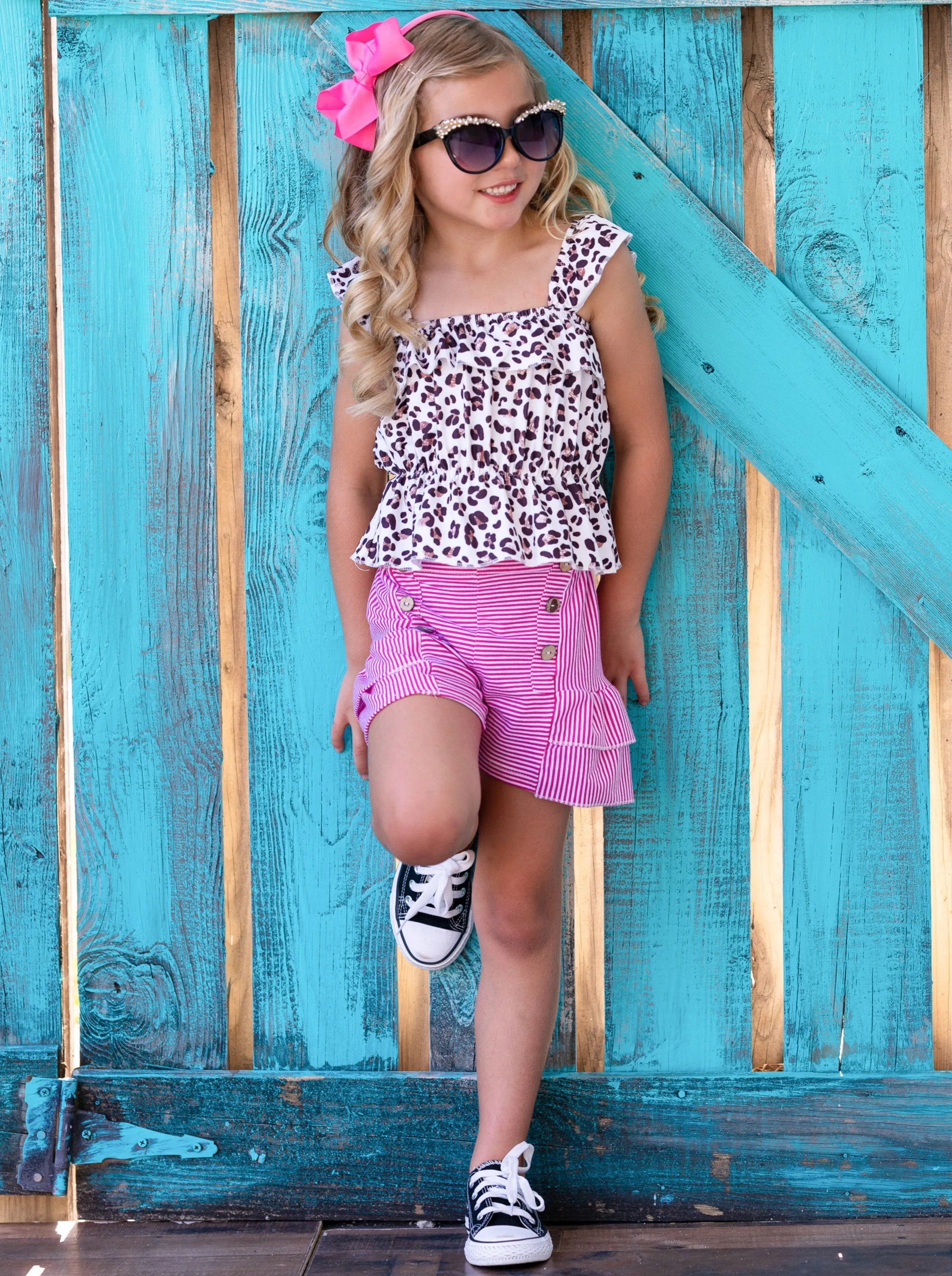 Stylish Little Leopard Ruffle Shorts Set