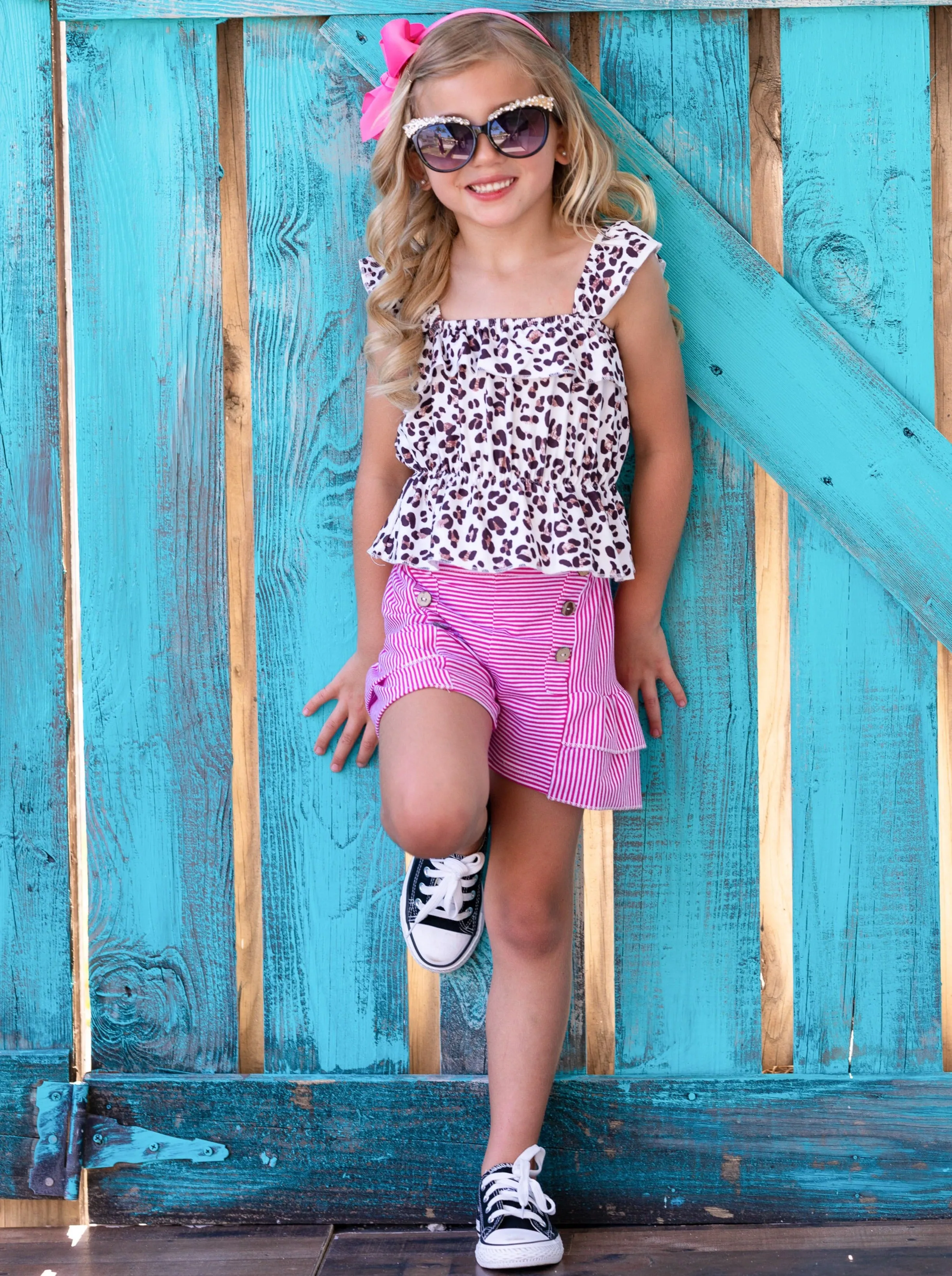 Stylish Little Leopard Ruffle Shorts Set