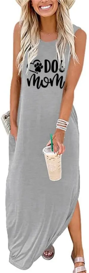 Summer Dog Mom Dresses for Women 2023 Letter Paw Graphic Print Dress Casual Sleeveless Maxi Beach Sundress