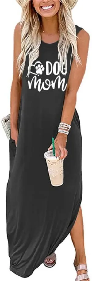 Summer Dog Mom Dresses for Women 2023 Letter Paw Graphic Print Dress Casual Sleeveless Maxi Beach Sundress