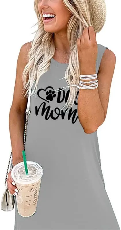 Summer Dog Mom Dresses for Women 2023 Letter Paw Graphic Print Dress Casual Sleeveless Maxi Beach Sundress