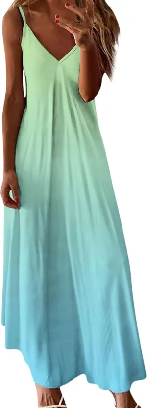 Summer Dresses for Women 2025 Casual Strappy V Neck Sleeveless Flowy Loose Long Maxi Beach Boho Dress Sundress Trendy Clothes