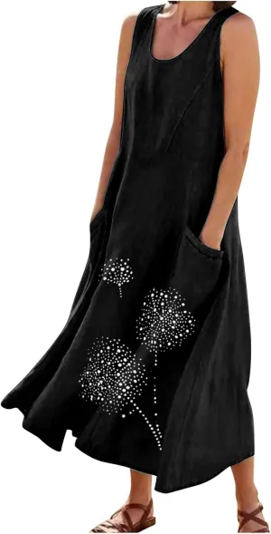 Summer Dresses for Women's 2025 Casual Cotton Linen Crewneck Sleeveless Sundress with Pocket Plus Size Boho Long Dress