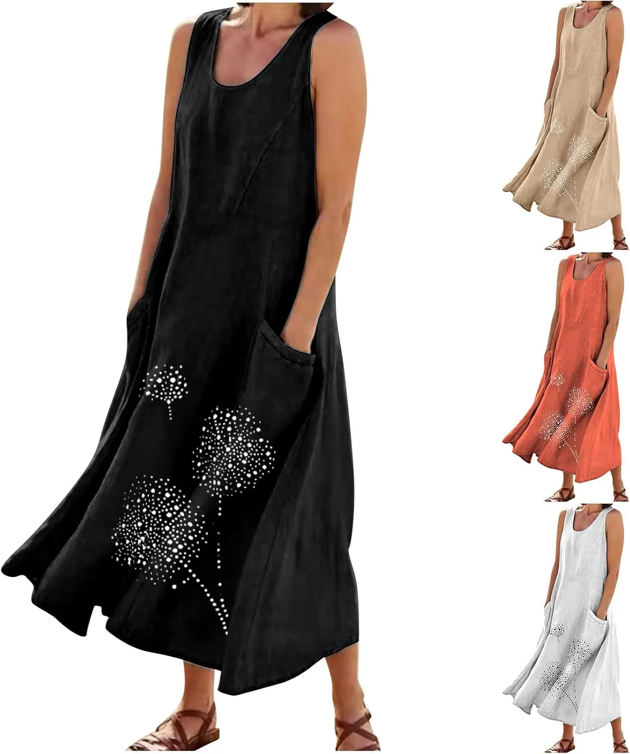 Summer Dresses for Women's 2025 Casual Cotton Linen Crewneck Sleeveless Sundress with Pocket Plus Size Boho Long Dress