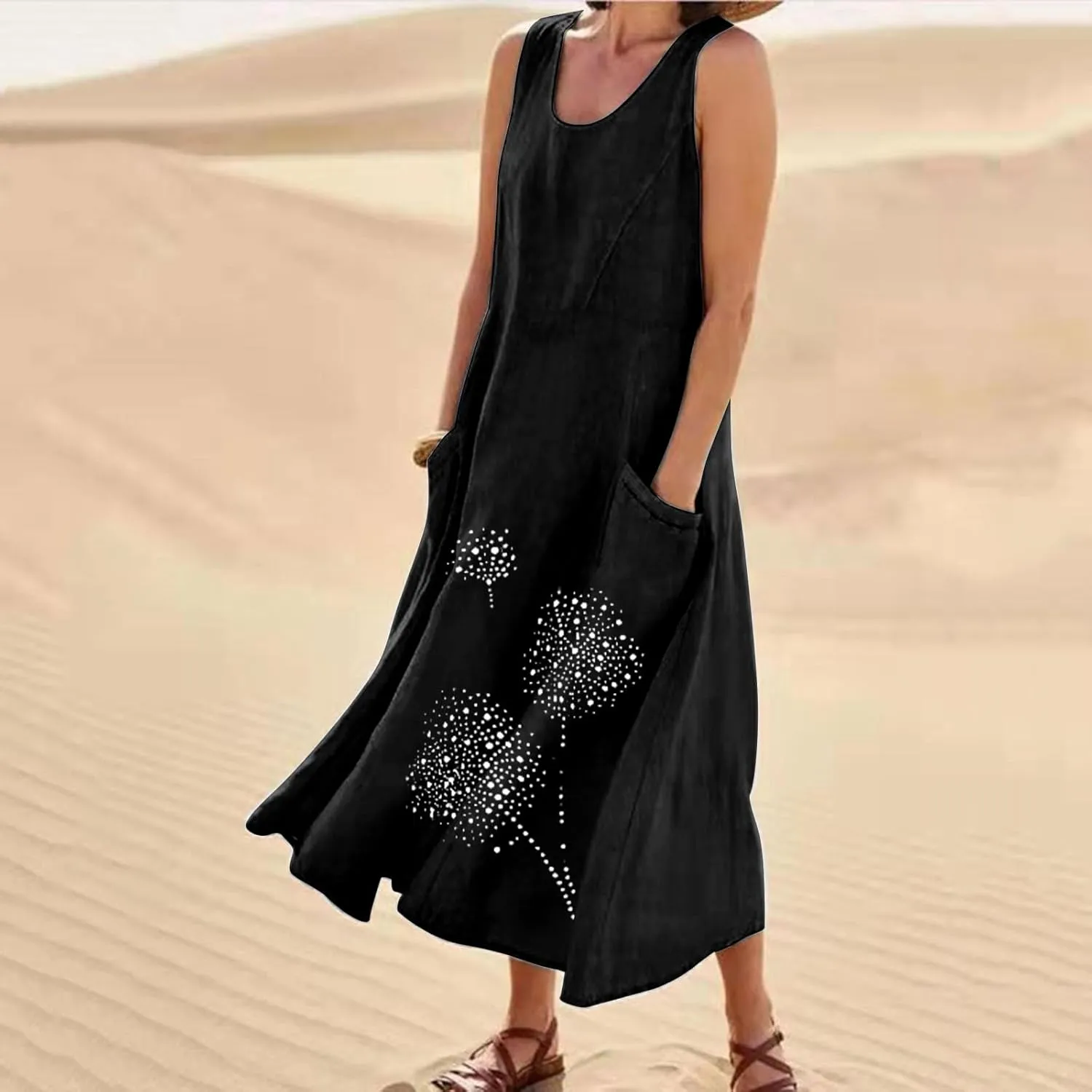 Summer Dresses for Women's 2025 Casual Cotton Linen Crewneck Sleeveless Sundress with Pocket Plus Size Boho Long Dress